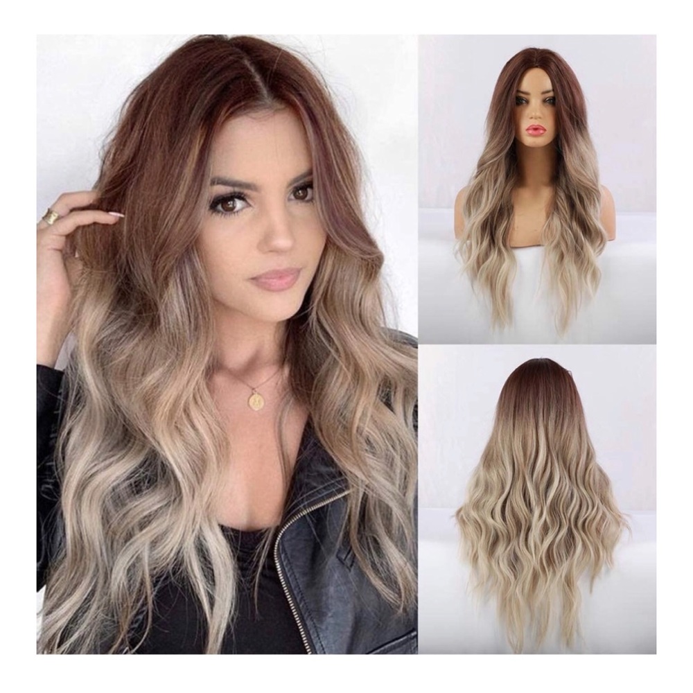 Long Wavy Ombre Blonde Synthetic Middle Part Wig - Picture 1 of 6